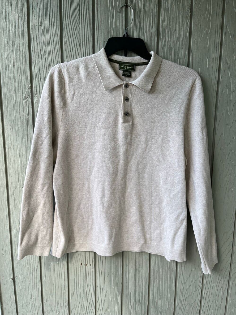 VTG 90s Eddie Bauer 100% Cotton Knit Polo Shirt Large Oatmeal Preppy